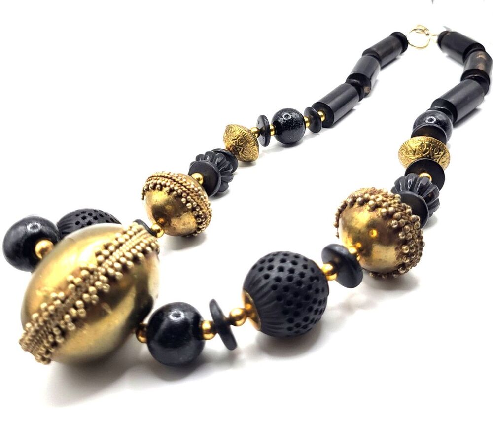 Vitnage Chunky Brass Carved Horn Wood Bohemian Ethnic Tribal Necklace 28in